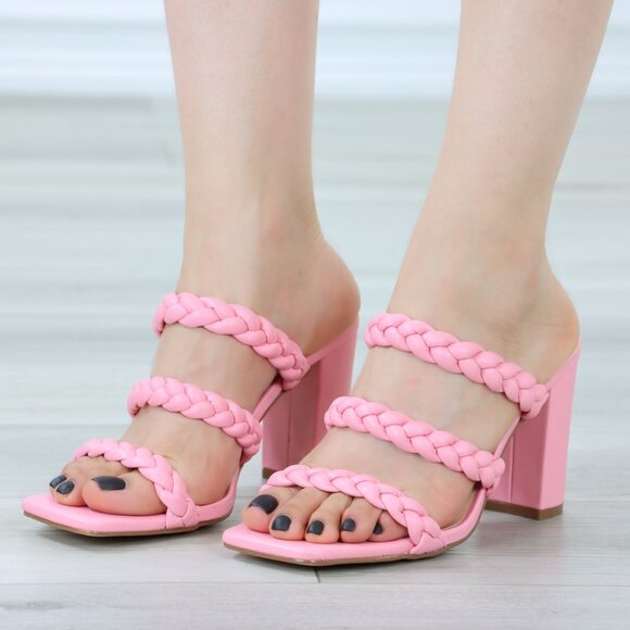 Pink Braded Straps Block High Heels Slip On Square Open Toe Heeled Summer Sandal - Picture 3 of 13